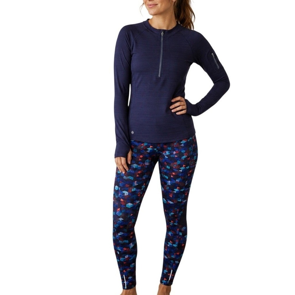 Athleta Womens Outfit size XS Navy Quarter Zip Top Geometric Print Leggings Set